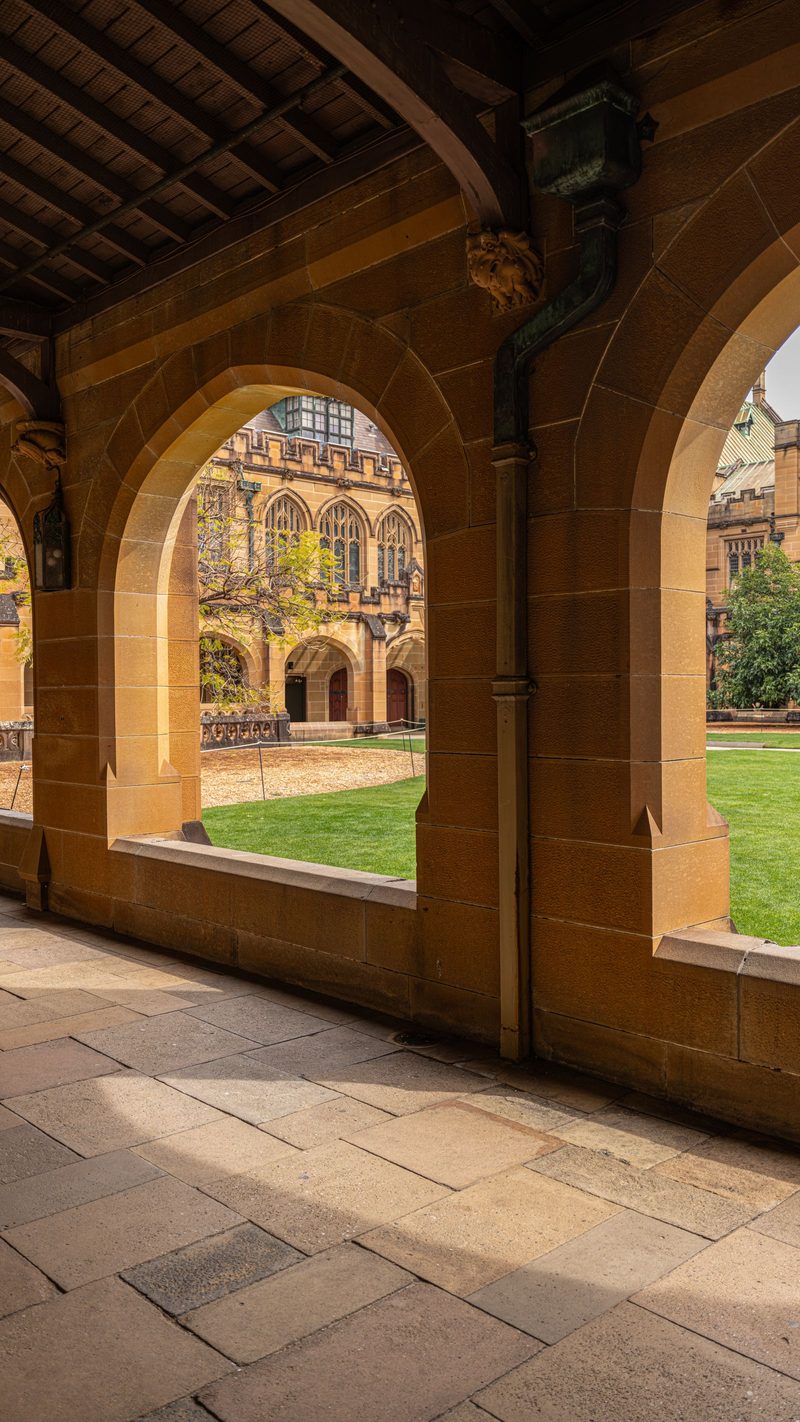 A sandstone archway opening onto a university quadrangle, rendered in ink duotone.